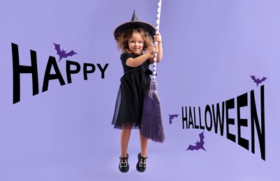 Happy Halloween card. Girl dressed like witch holding broom on violet background