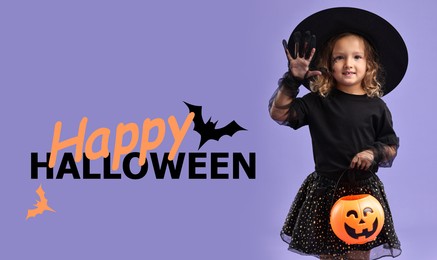 Image of Happy Halloween card. Girl dressed like witch holding pumpkin bucket on violet background