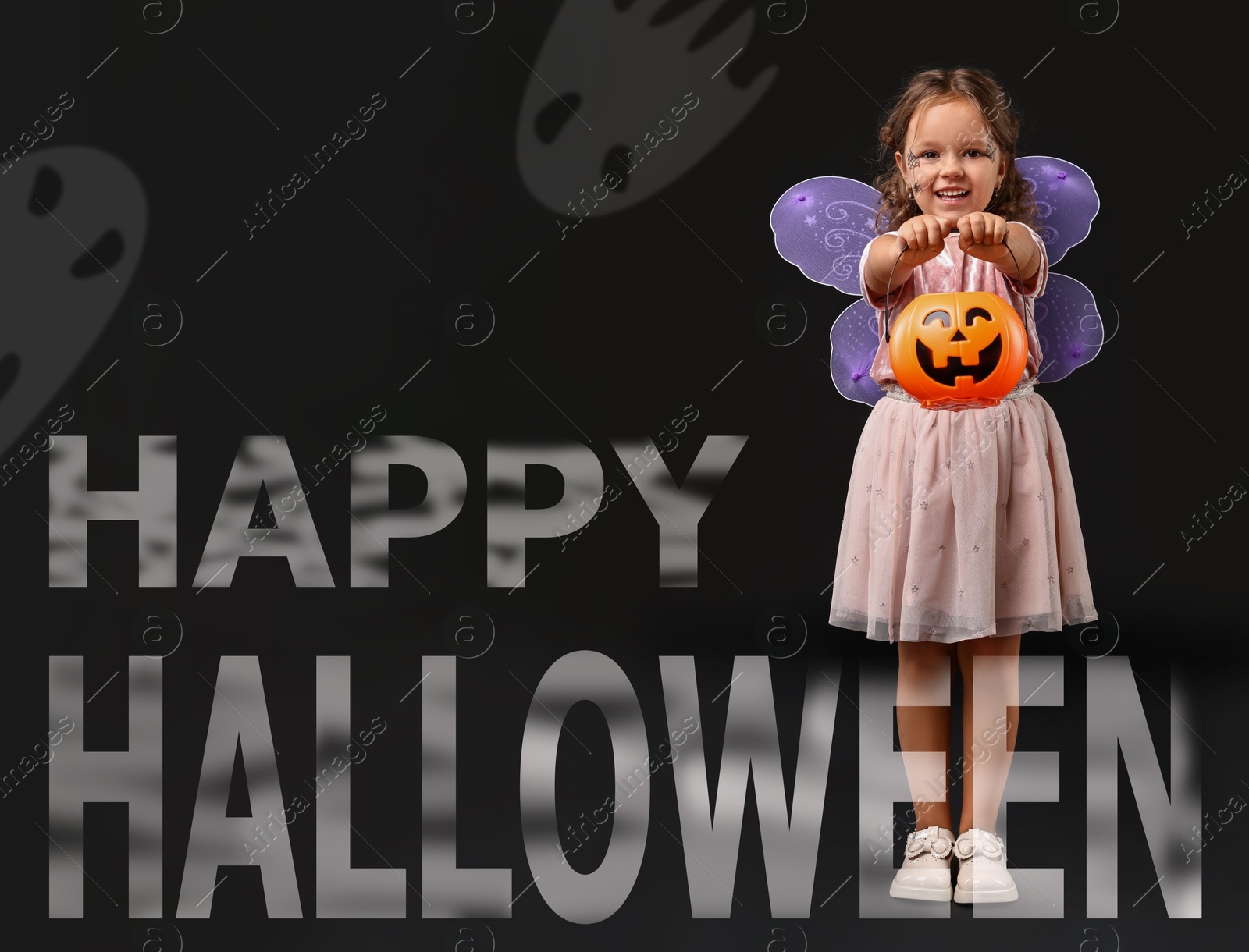 Image of Happy Halloween card. Girl dressed like fairy holding pumpkin bucket on black background