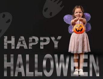 Happy Halloween card. Girl dressed like fairy holding pumpkin bucket on black background