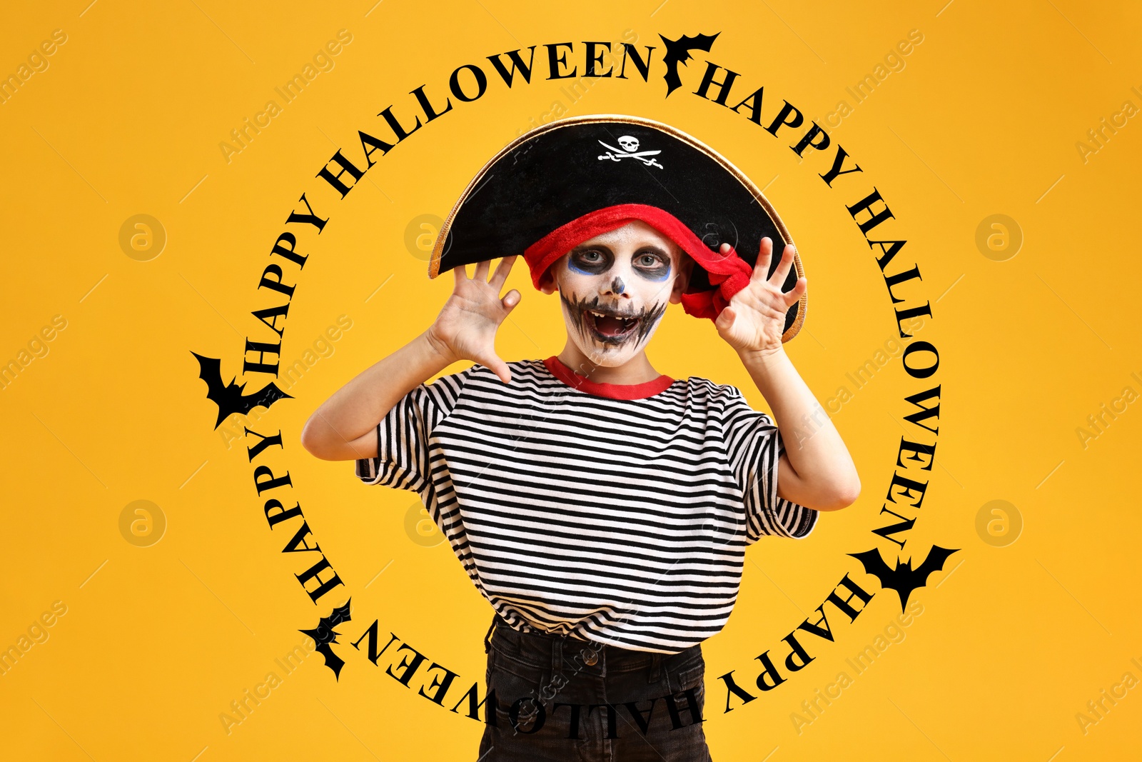 Image of Happy Halloween card with kid dressed like pirate on orange background