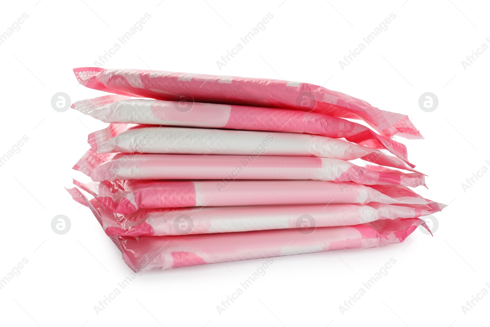 Photo of Stack of menstrual pads on white background. Gynecological care