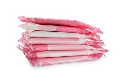 Stack of menstrual pads on white background. Gynecological care