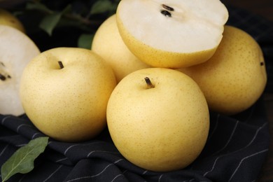 Photo of Delicious fresh apple pears on table, closeup