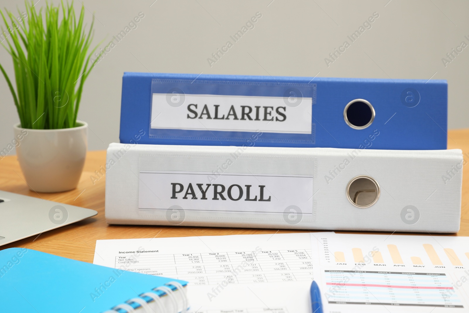 Photo of Payroll. Folders, charts and notebook on wooden table, closeup