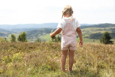 Photo of Little girl with wildflowers at field on sunny day, back view and space for text. Child enjoying beautiful nature