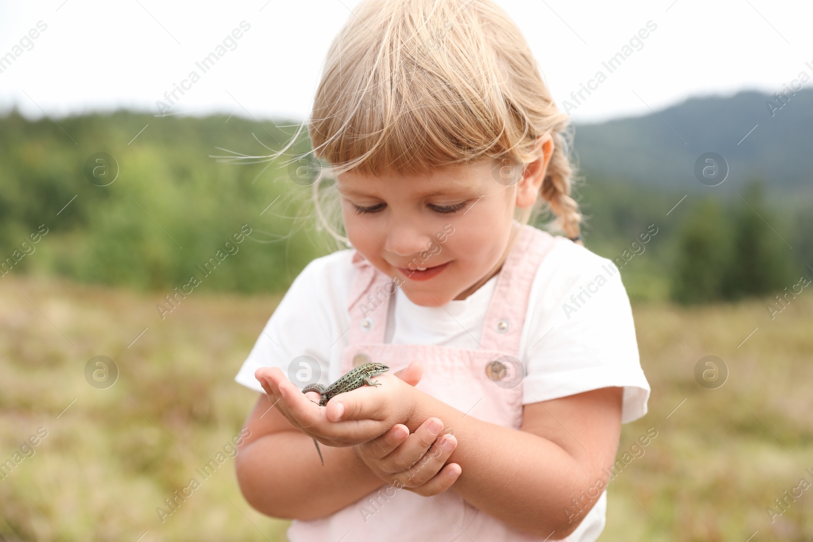 Photo of Cute little girl holding lizard at field. Child enjoying beautiful nature