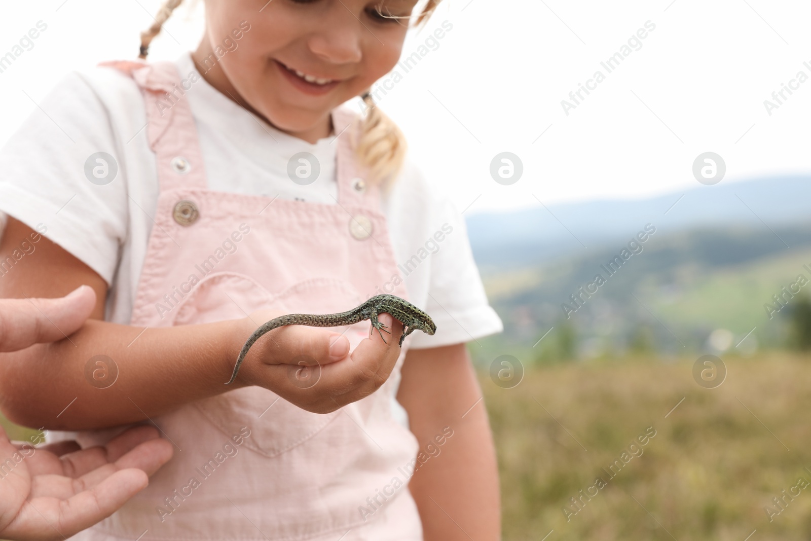 Photo of Smiling little girl holding lizard at field, closeup and space for text. Child enjoying beautiful nature