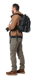 Photo of Photographer with backpack and camera on white background, back view