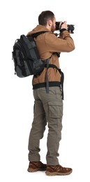 Photo of Photographer with backpack and camera on white background, back view