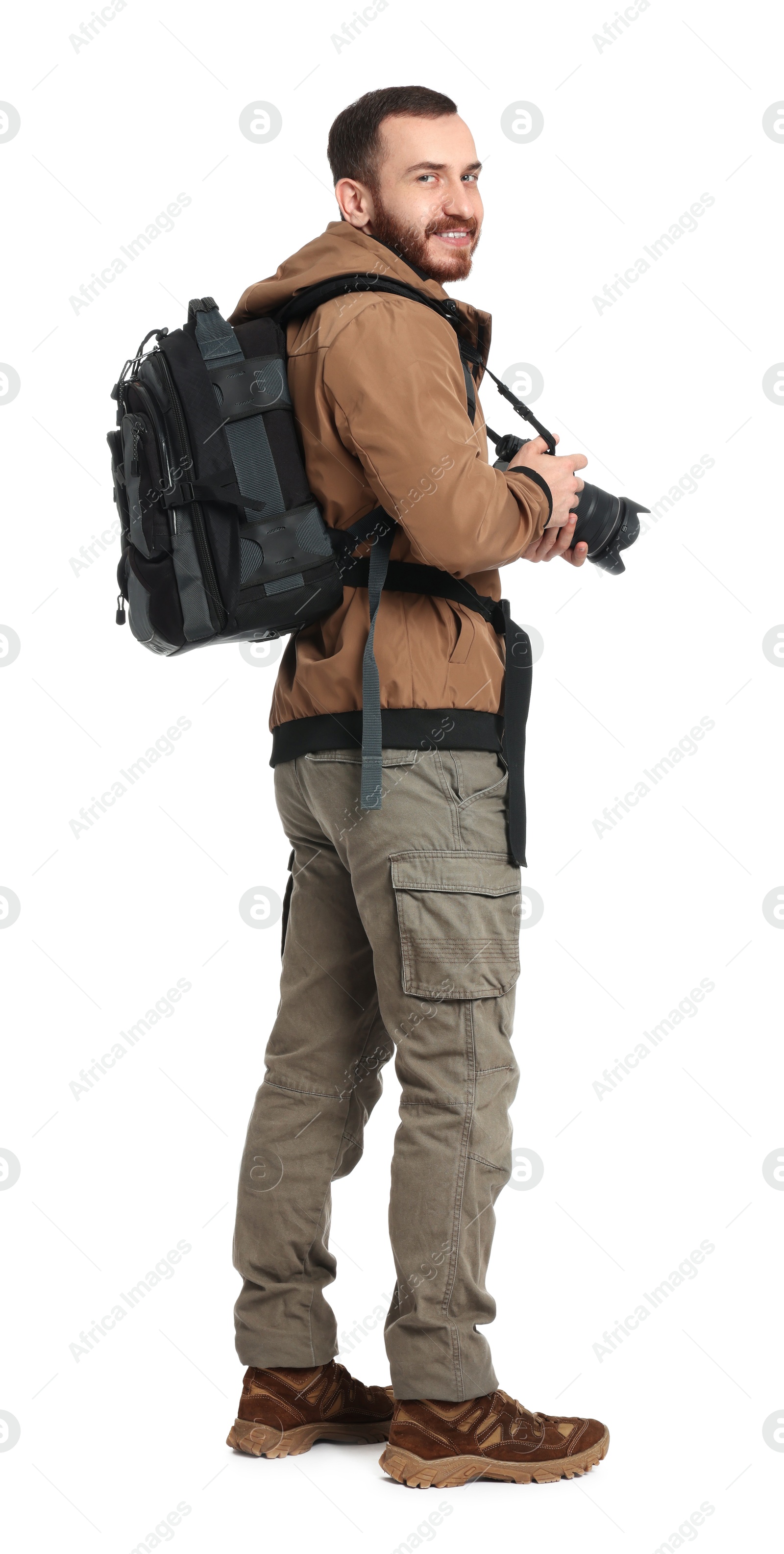 Photo of Photographer with backpack and camera on white background