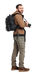 Photo of Photographer with backpack and camera on white background