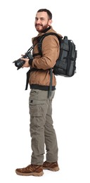 Photo of Photographer with backpack and camera on white background