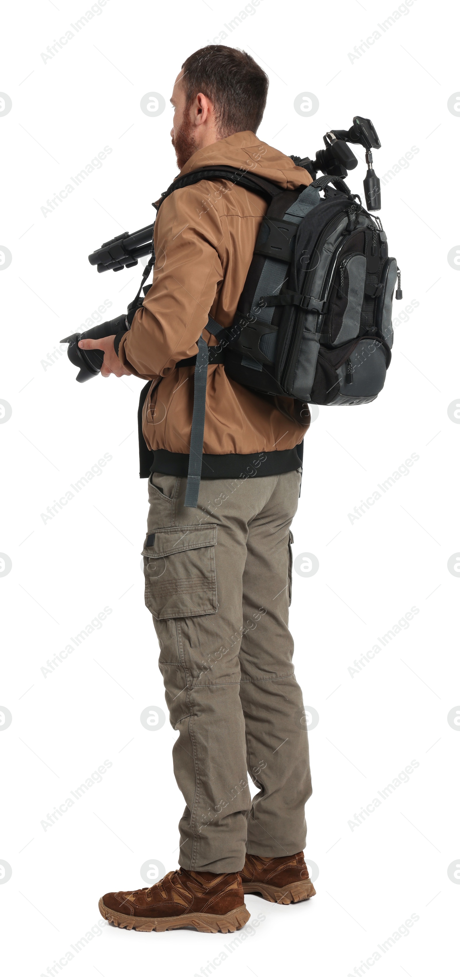 Photo of Photographer with backpack and camera on white background, back view