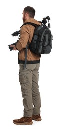 Photo of Photographer with backpack and camera on white background, back view