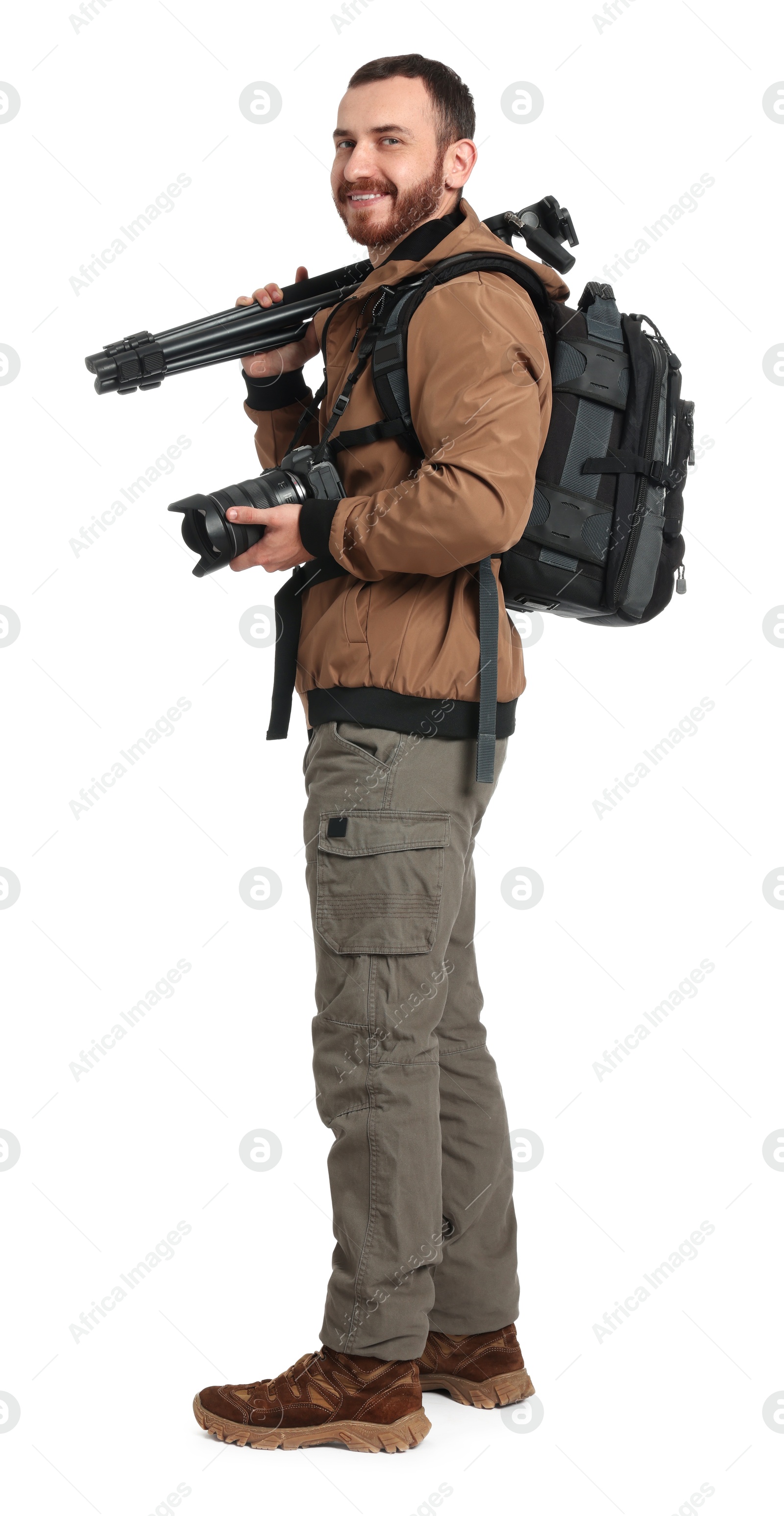 Photo of Photographer with backpack and camera on white background