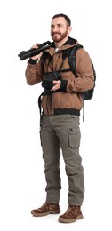 Photo of Photographer with backpack and camera on white background