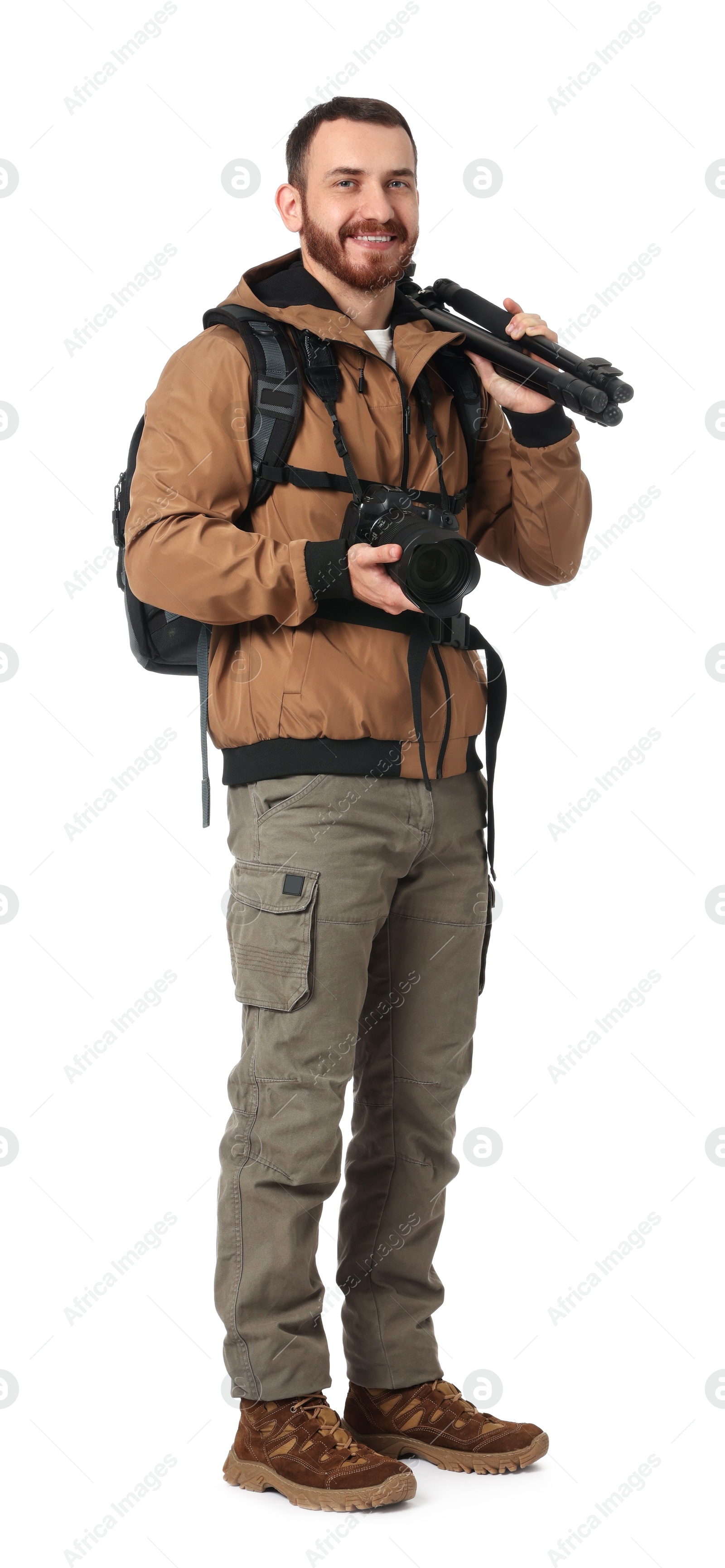 Photo of Photographer with backpack and camera on white background