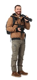 Photo of Photographer with backpack and camera on white background