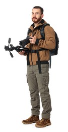 Photo of Photographer with backpack and camera on white background