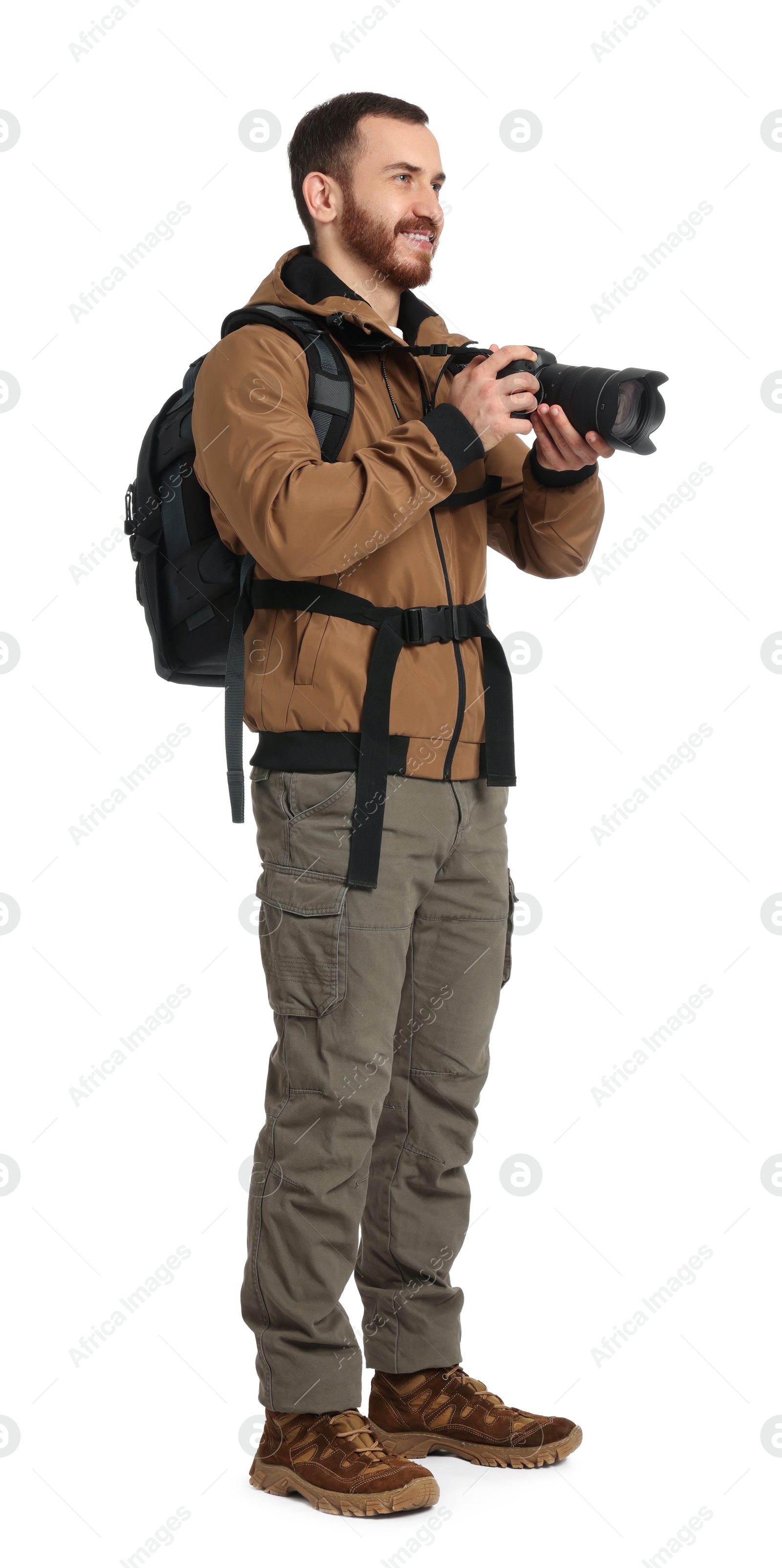 Photo of Photographer with backpack and camera on white background