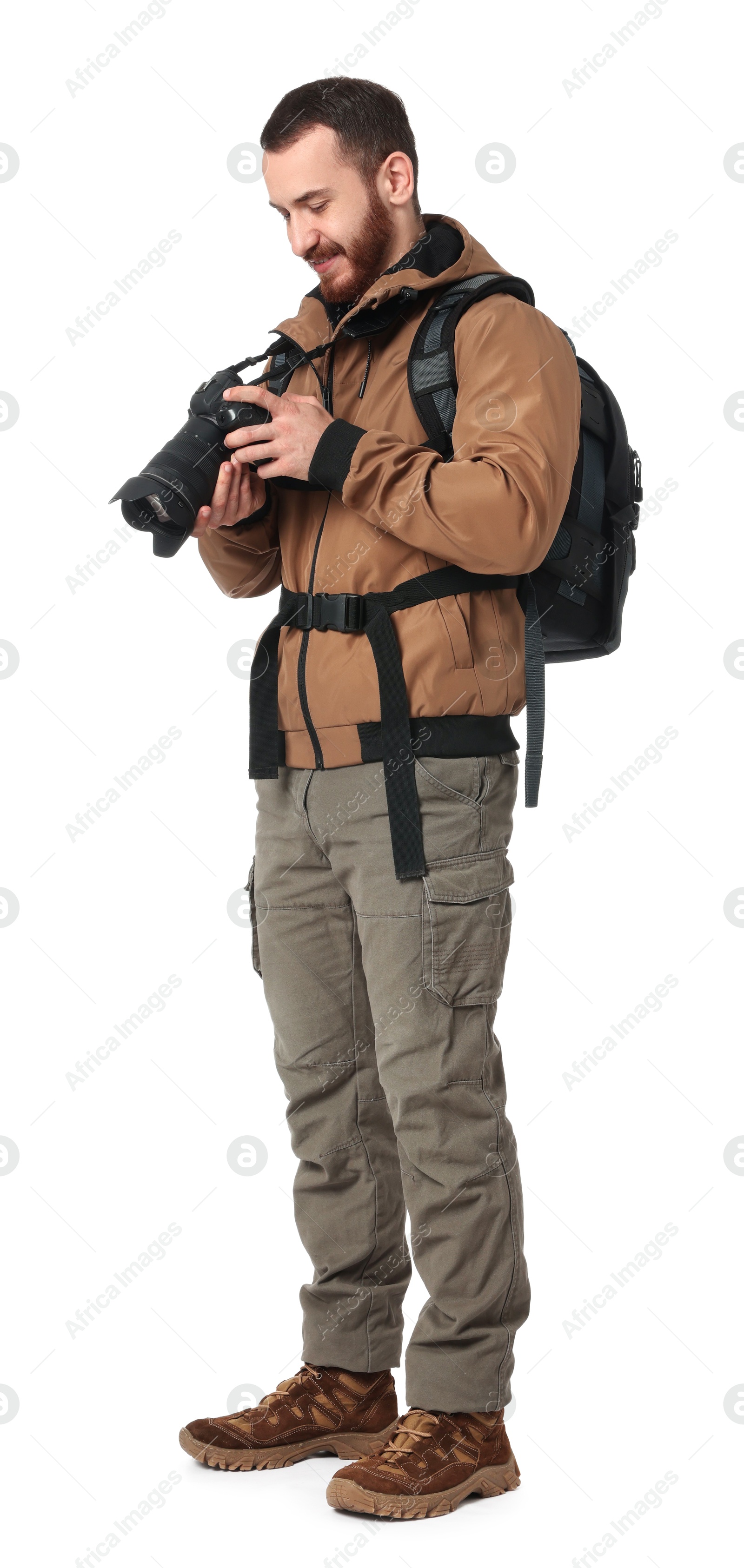 Photo of Photographer with backpack and camera on white background