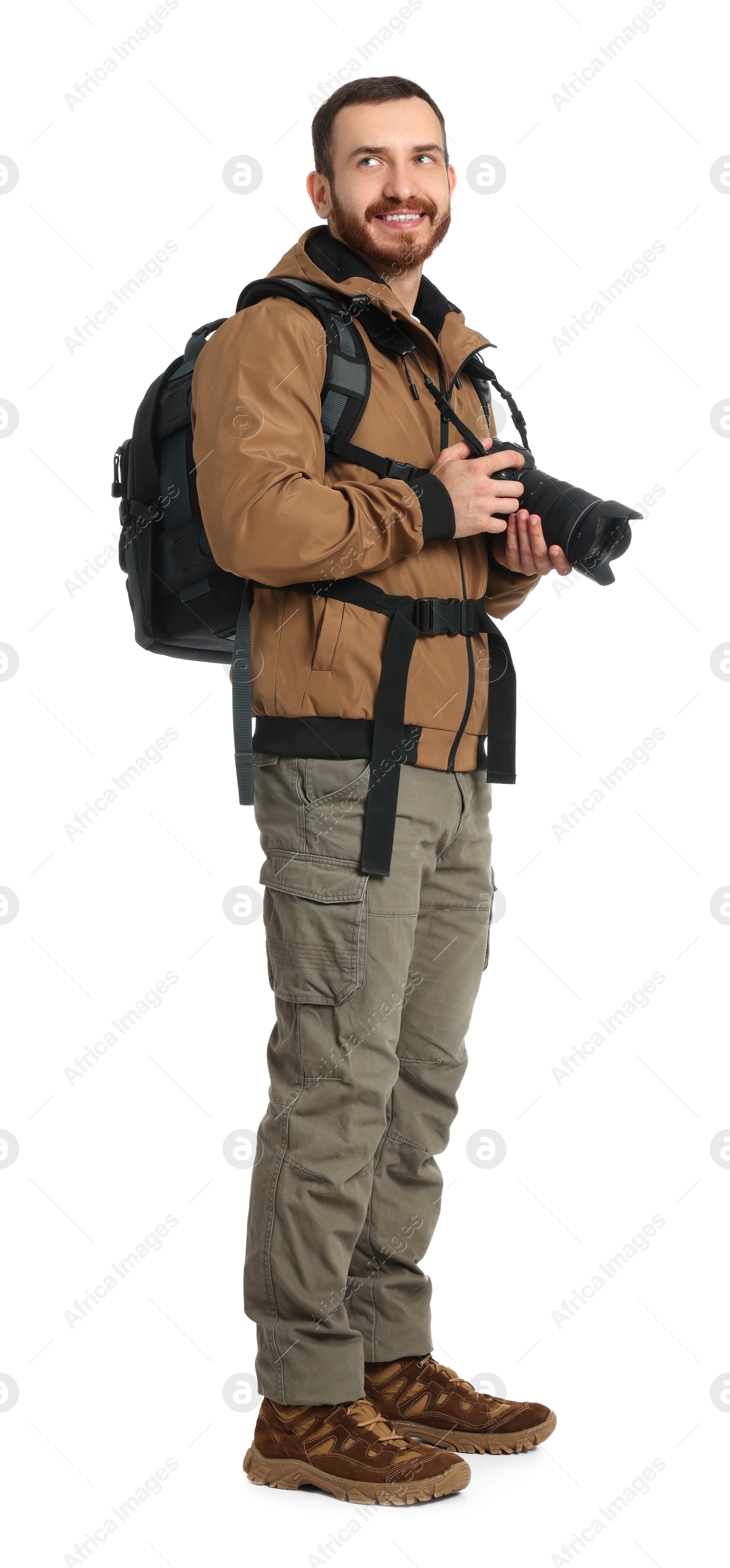 Photo of Photographer with backpack and camera on white background