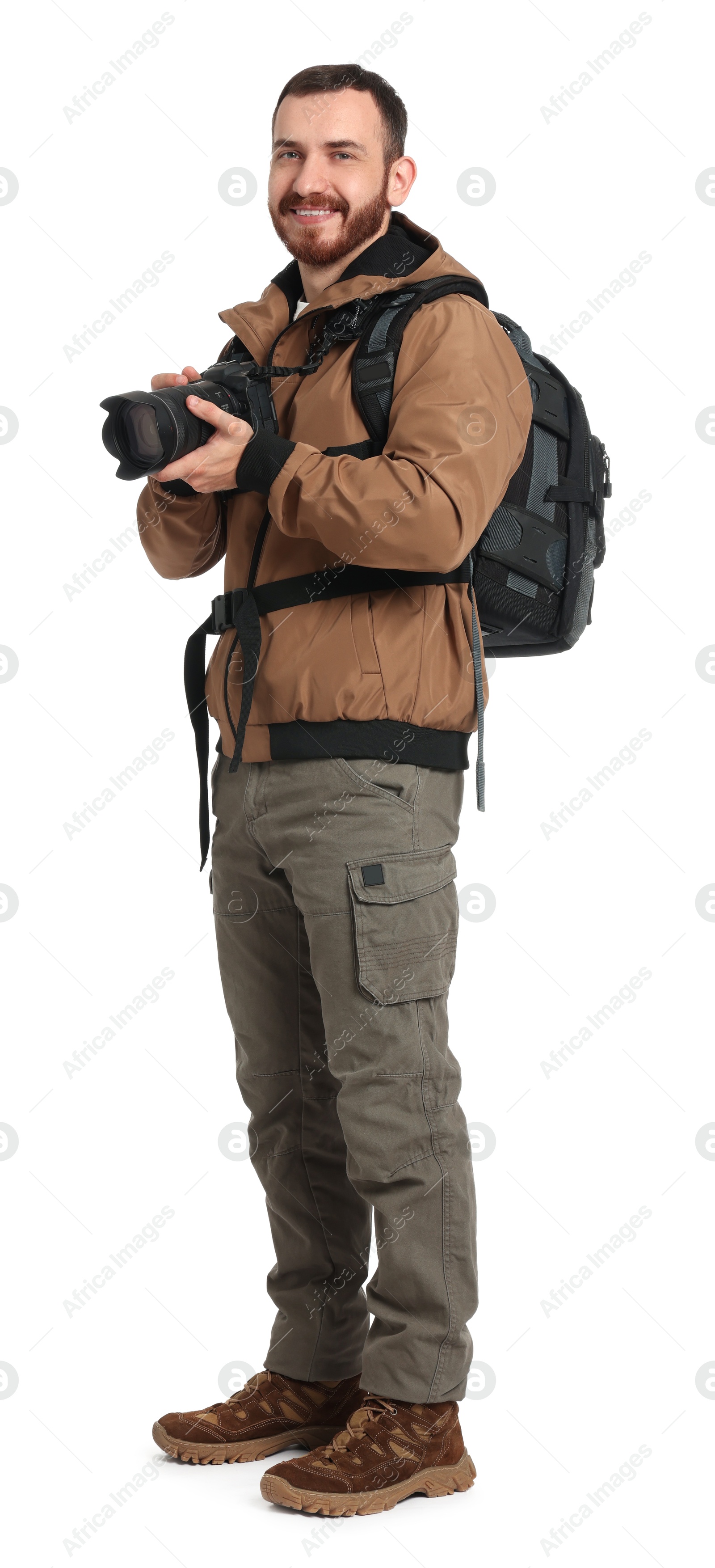 Photo of Photographer with backpack and camera on white background