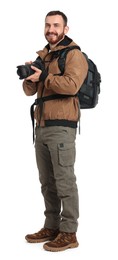 Photographer with backpack and camera on white background