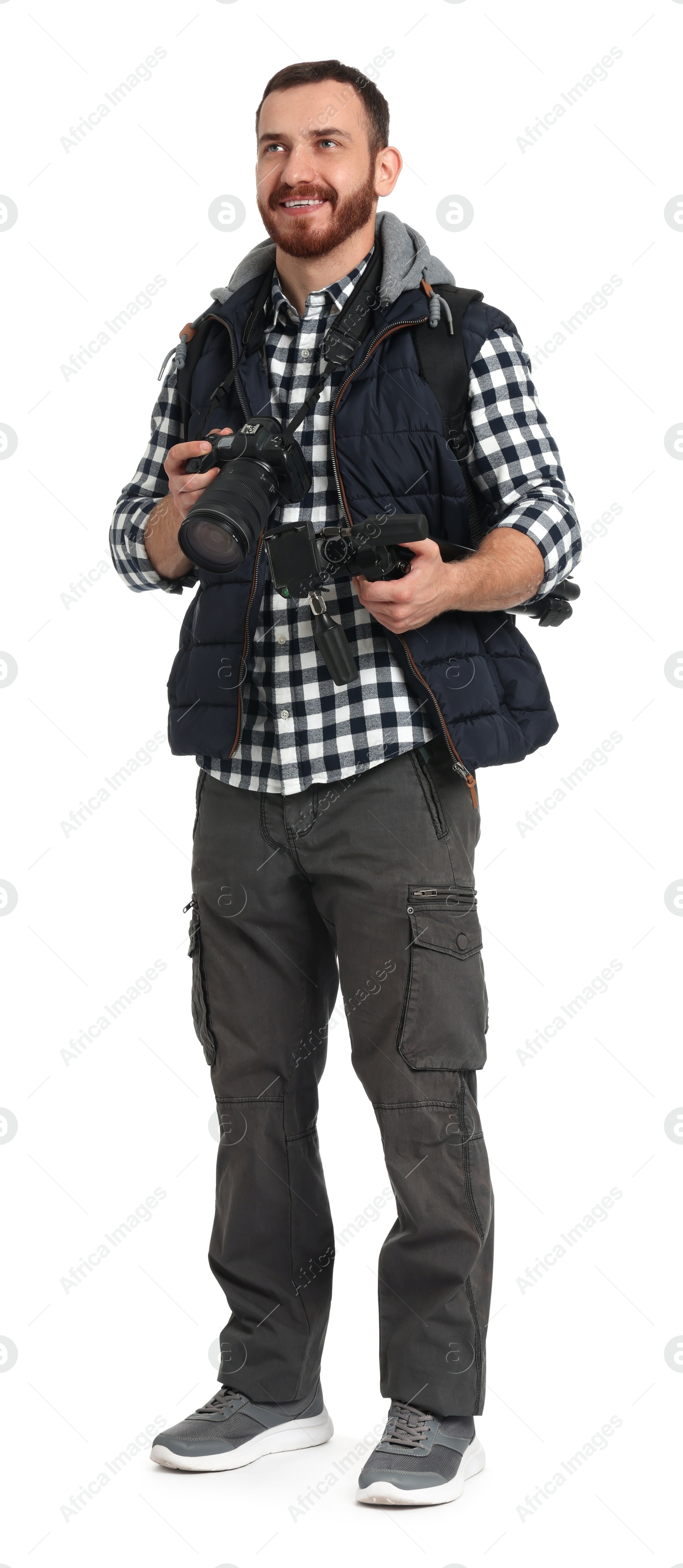 Photo of Photographer with backpack and camera on white background