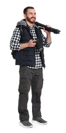 Photo of Photographer with backpack and camera on white background