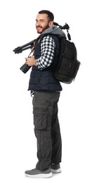 Photo of Photographer with backpack and camera on white background