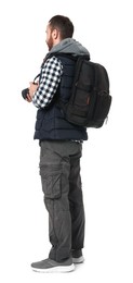 Photo of Photographer with backpack and camera on white background, back view