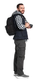 Photo of Photographer with backpack and camera on white background