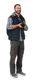 Photographer with backpack and camera on white background