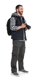 Photographer with backpack and camera on white background