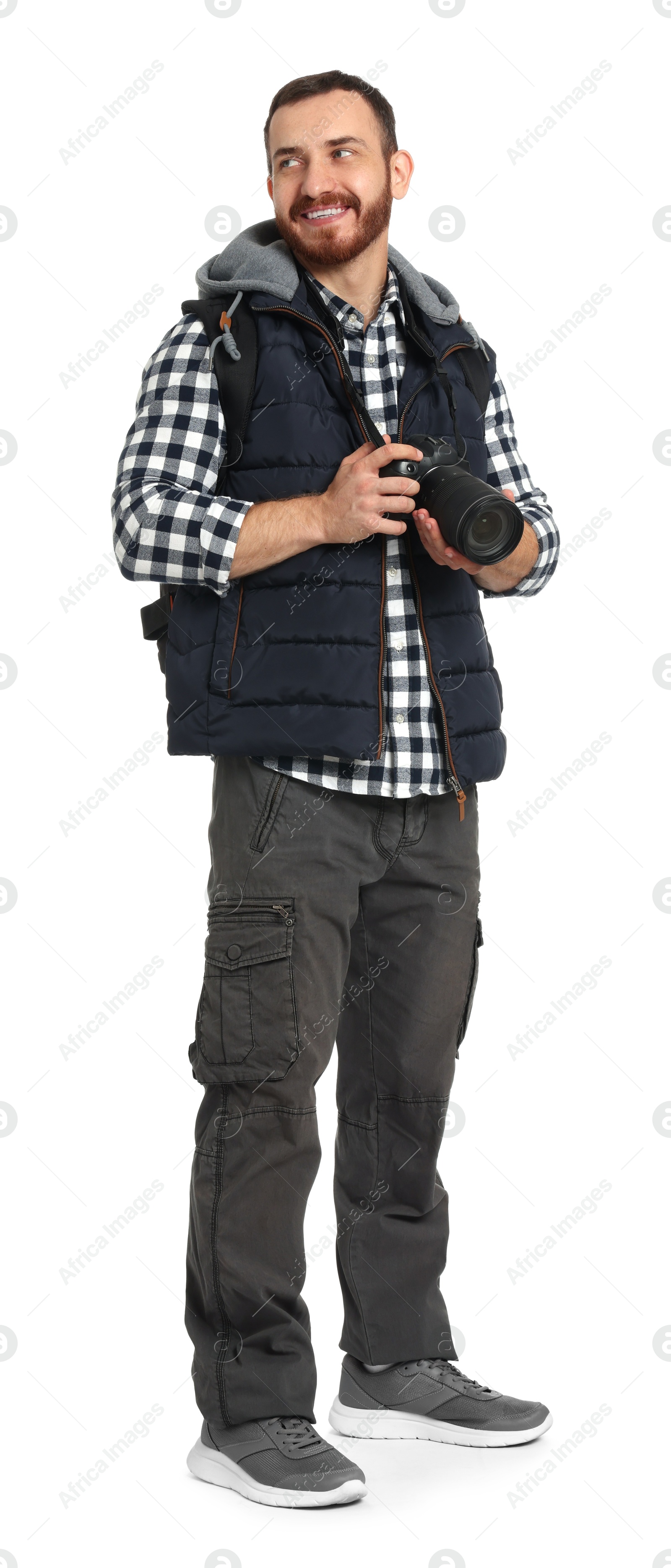 Photo of Photographer with backpack and camera on white background