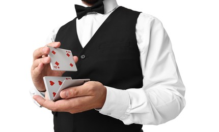 Professional croupier shuffling cards on white background, closeup