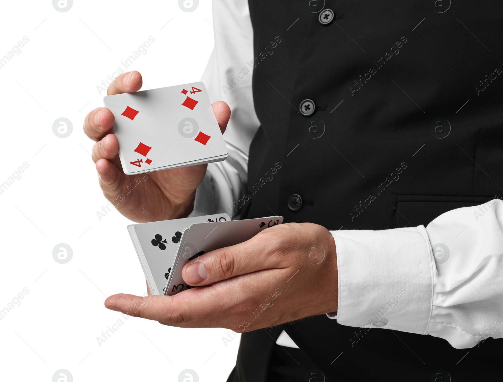 Photo of Professional croupier shuffling cards on white background, closeup