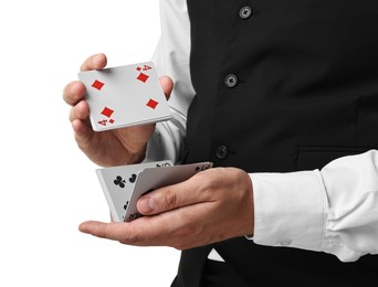 Professional croupier shuffling cards on white background, closeup