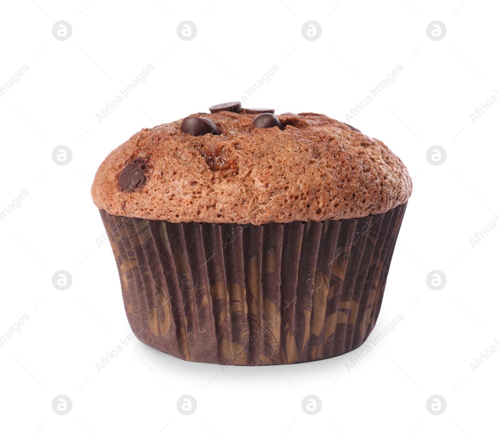 Photo of Delicious sweet muffin with chocolate chips isolated on white