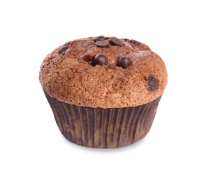 Photo of Delicious sweet muffin with chocolate chips isolated on white