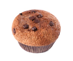 Photo of Delicious sweet muffin with chocolate chips isolated on white