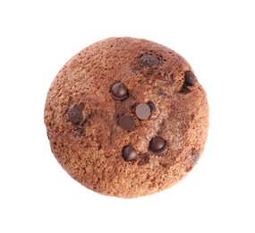 Photo of Delicious sweet muffin with chocolate chips isolated on white