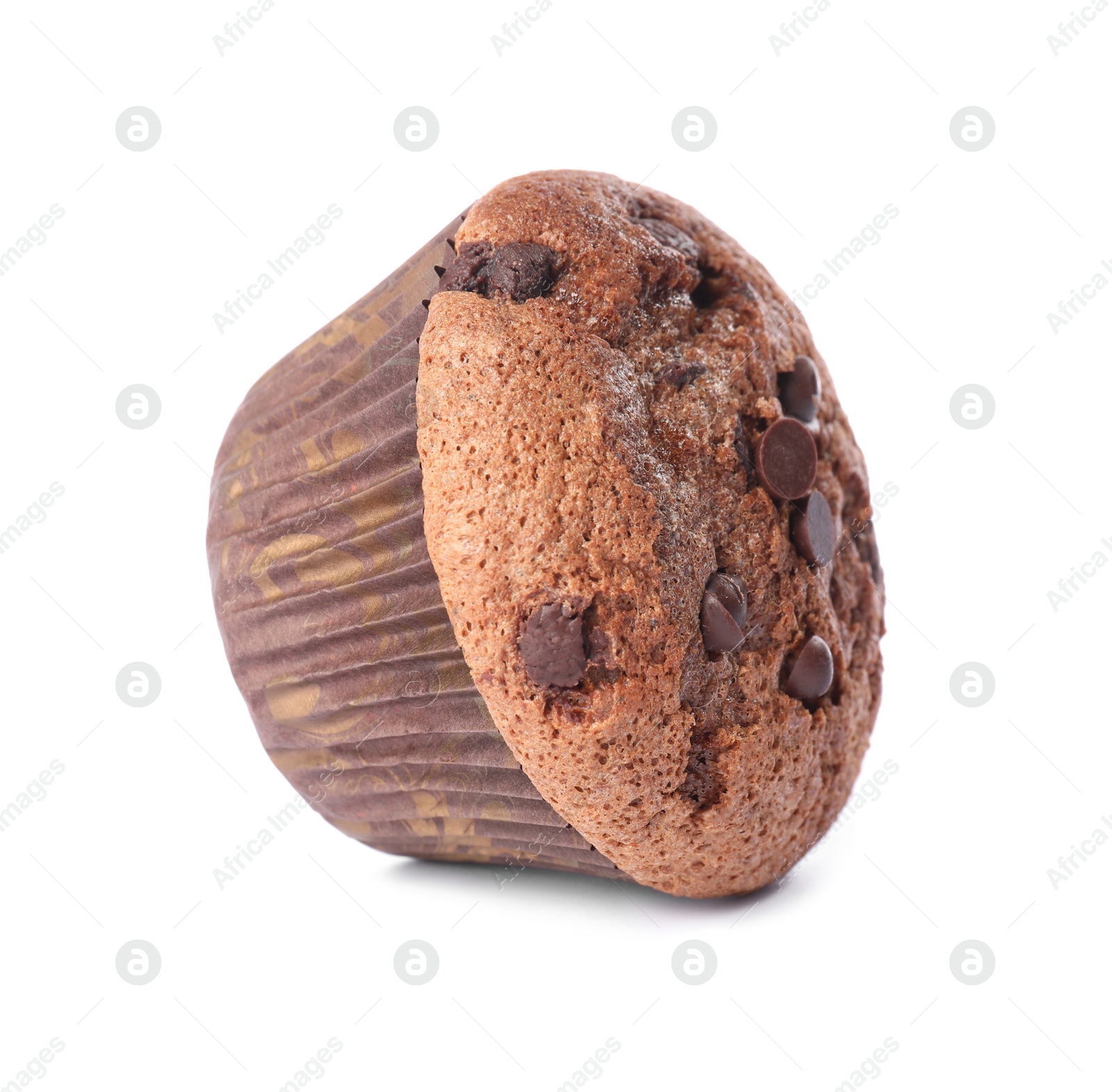 Photo of Delicious sweet muffin with chocolate chips isolated on white