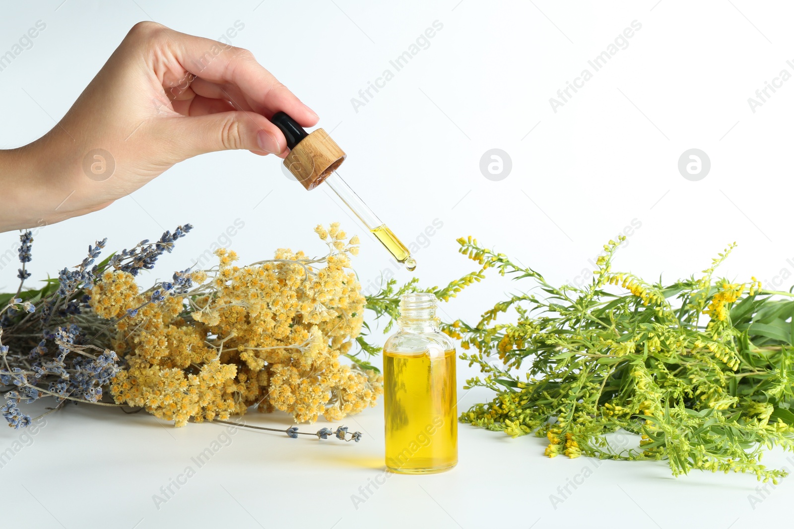 Photo of Woman dripping tincture from pipette into bottle and herbs on white background, closeup