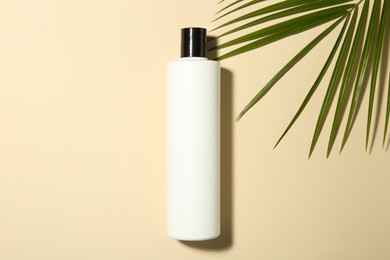 Photo of Bottle of shampoo and palm leaf on beige background, flat lay