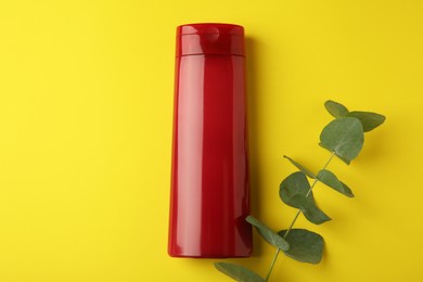 Photo of Bottle of shampoo and eucalyptus branch on yellow background, flat lay