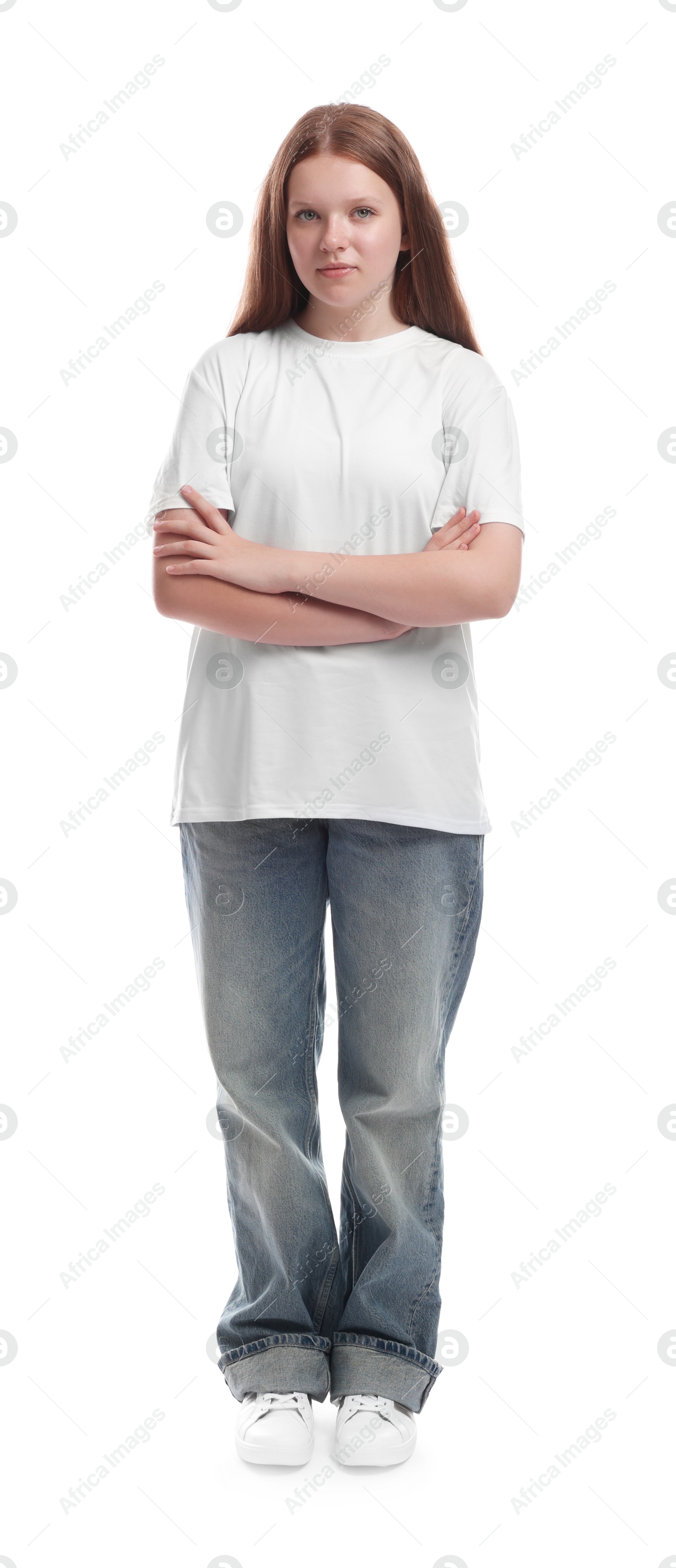 Photo of Full length portrait of teenage girl on white background