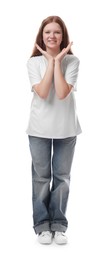 Photo of Full length portrait of teenage girl on white background